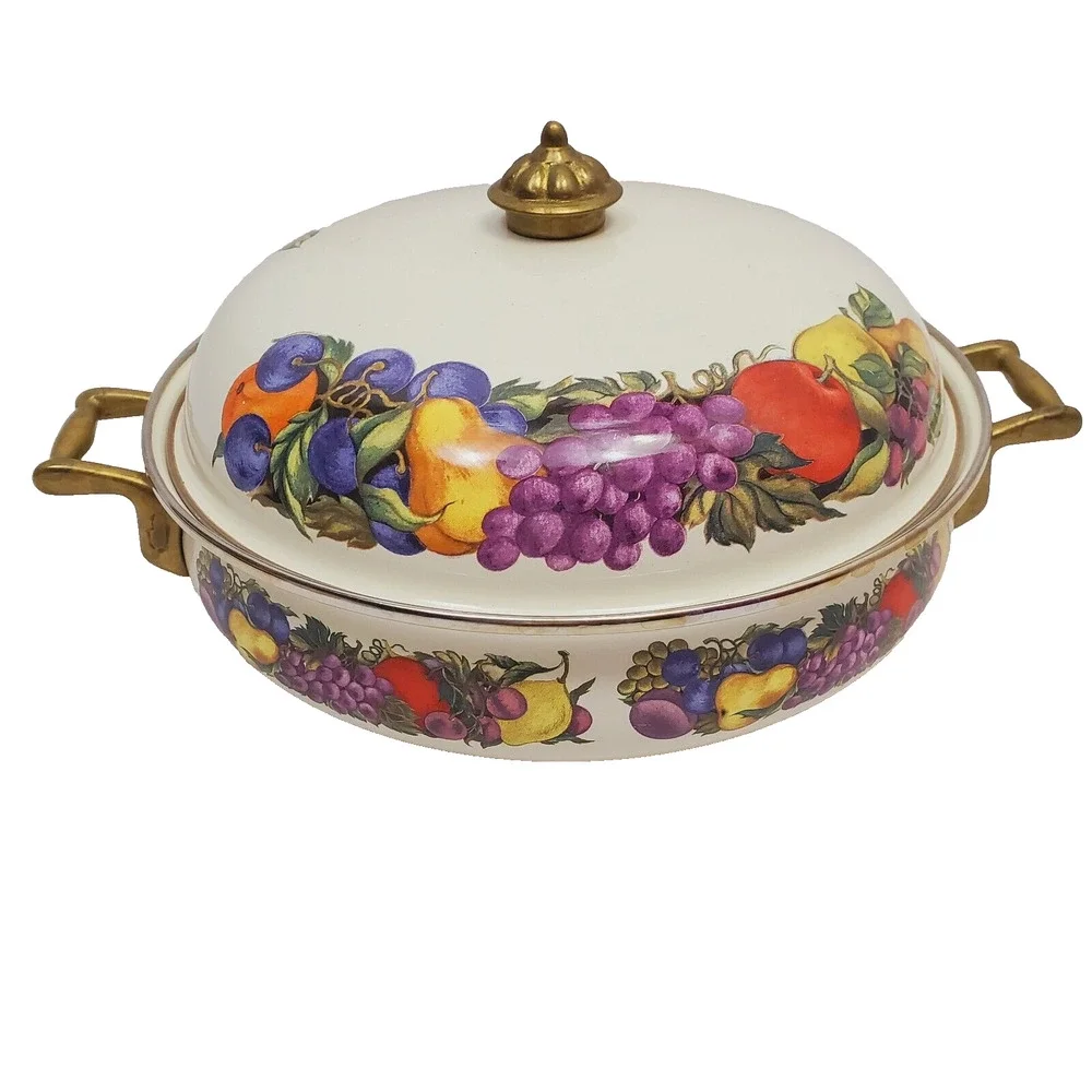 Read Vintage Cornucopia Dutch Oven Enamel Fruit Covered Lid Pot Brass Casserole